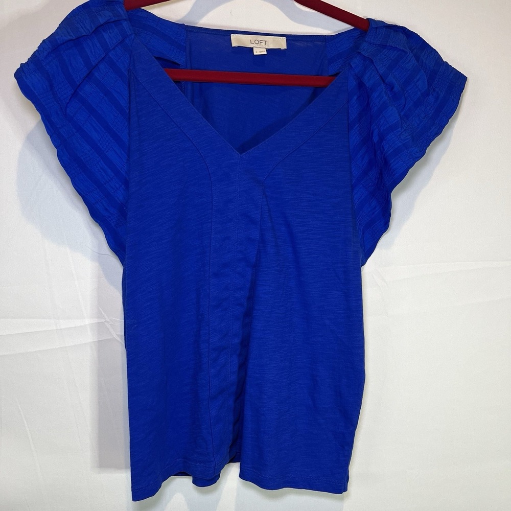 Ann Taylor Loft Size Small Cobalt Blue Sleeveless Ruffle Trim Top Flutter Sleeve